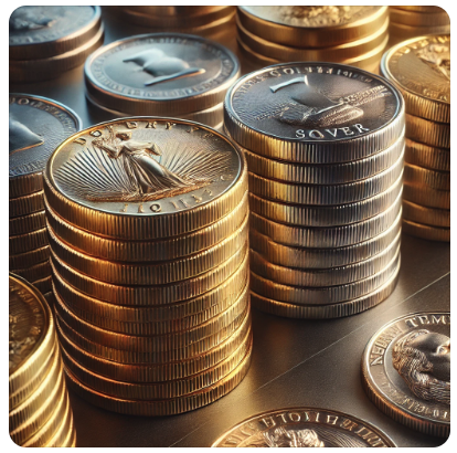 Physical gold and silver coins side by side illustrating the gold-silver ratio comparison