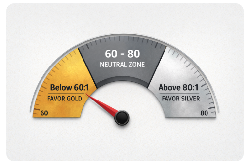 Gold-silver ratio 80/60 rule three-zone framework showing buy silver above 80 neutral zone 60-80 and buy gold below 60