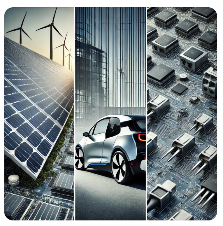 Collage of solar panel installation, electric vehicle, and semiconductor wafer representing silver's growing industrial demand in green energy