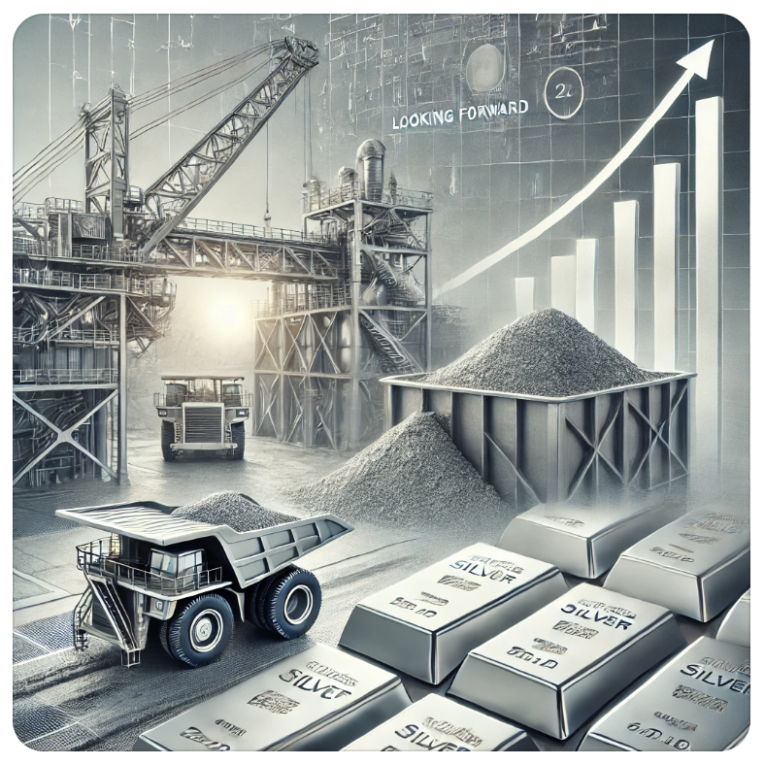 Silver mining operation with silver bars in foreground and rising financial price chart representing silver investment outlook